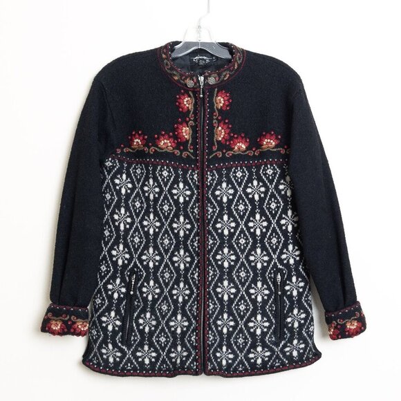 Icelandic Design Sweaters - Icelandic Design Wool Cardigan Full Zip Jacket Embroidered Floral Fair Isle